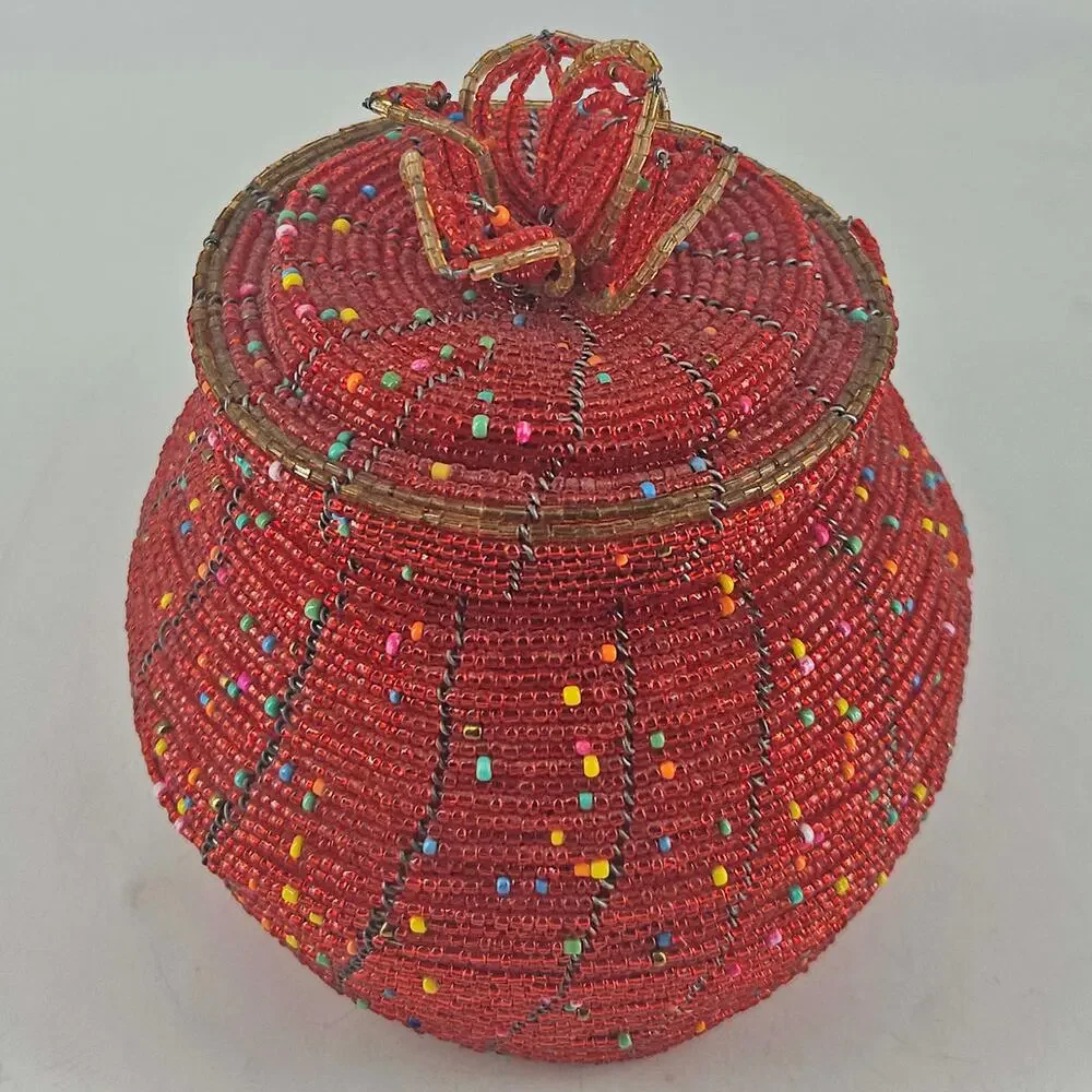 Vintage handcrafted red African beaded lidded jar trinket dish